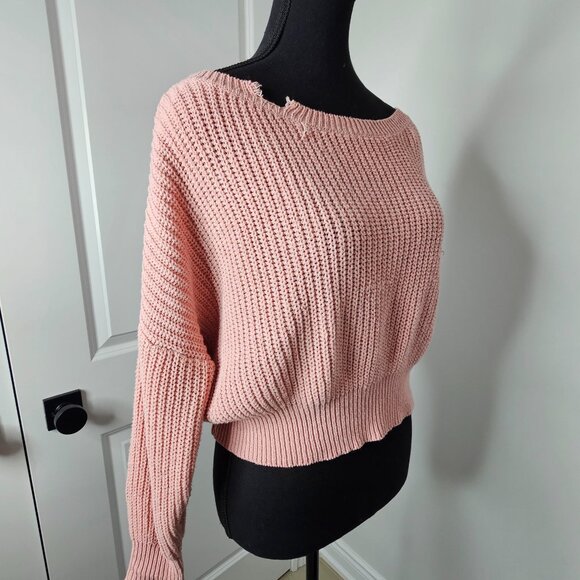 Women's Pink Cropped Distressed Knit Sweater, Size S - Picture 6 of 16